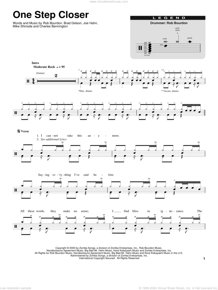 One Step Closer sheet music for drums by Linkin Park, Brad Delson, Charles Bennington, Joe Hahn, Mike Shinoda and Rob Bourdon, intermediate skill level