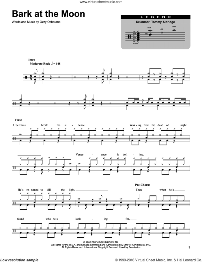 Bark At The Moon sheet music for drums by Ozzy Osbourne, intermediate skill level