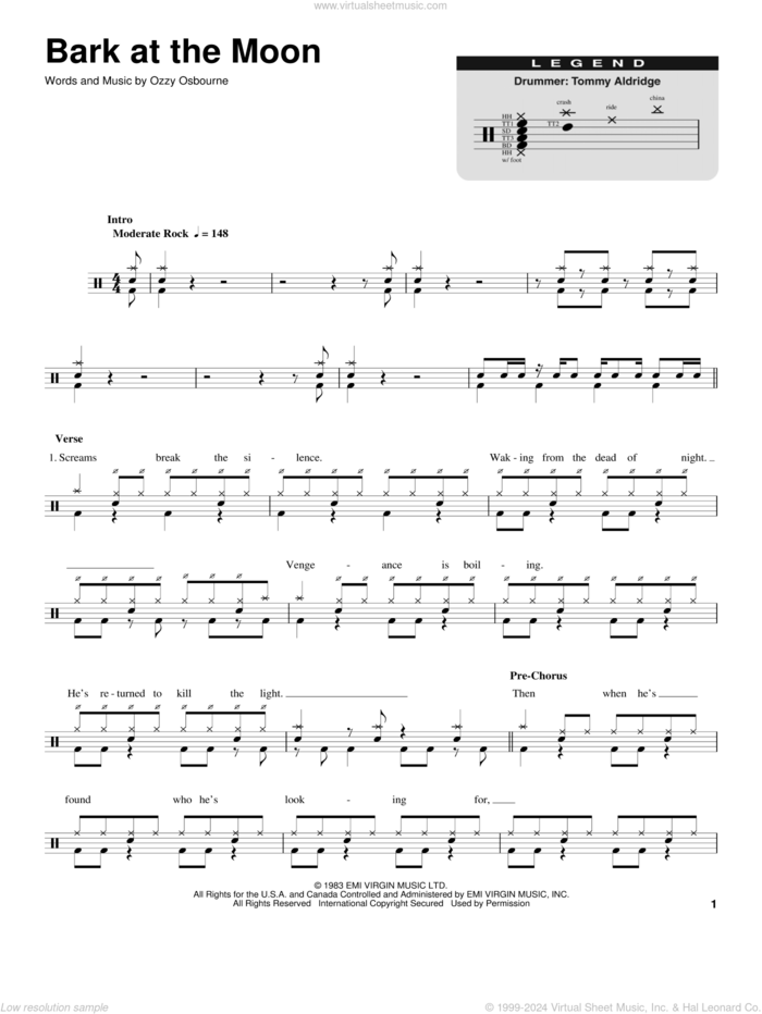 Bark At The Moon sheet music for drums by Ozzy Osbourne, intermediate skill level