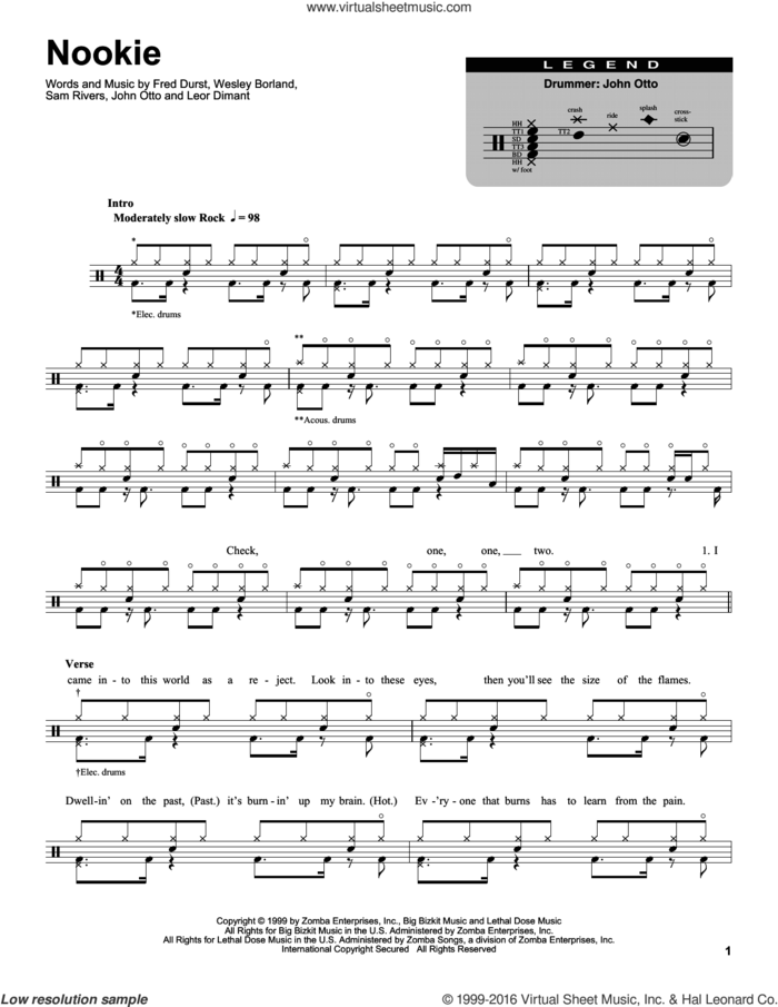 Nookie sheet music for drums by Limp Bizkit, Fred Durst, John Otto, Leor Dimant, Sam Rivers and Wes Borland, intermediate skill level