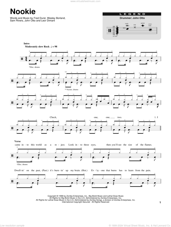 Nookie sheet music for drums by Limp Bizkit, Fred Durst, John Otto, Leor Dimant, Sam Rivers and Wes Borland, intermediate skill level