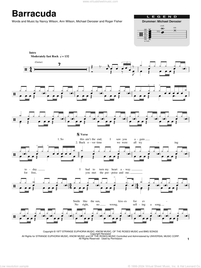 Barracuda sheet music for drums by Heart, Ann Wilson, Michael Derosier, Nancy Wilson and Roger Fisher, intermediate skill level