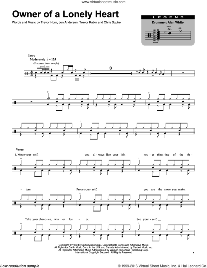Owner Of A Lonely Heart sheet music for drums by Yes, Chris Squire, Jon Anderson, Trevor Horn and Trevor Rabin, intermediate skill level