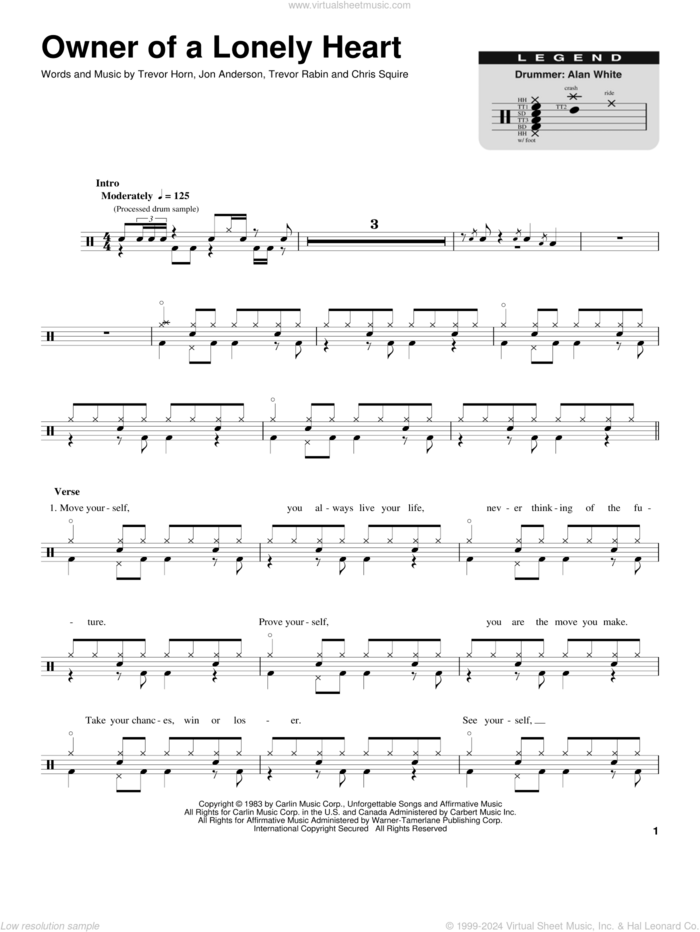 Owner Of A Lonely Heart sheet music for drums by Yes, Chris Squire, Jon Anderson, Trevor Horn and Trevor Rabin, intermediate skill level