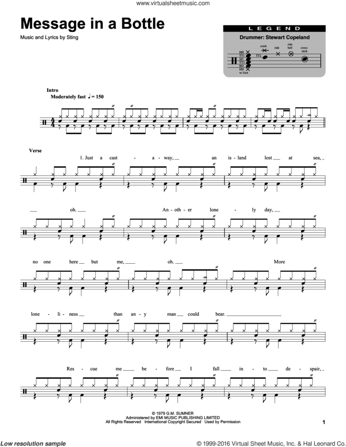 Message In A Bottle sheet music for drums by The Police and Sting, intermediate skill level