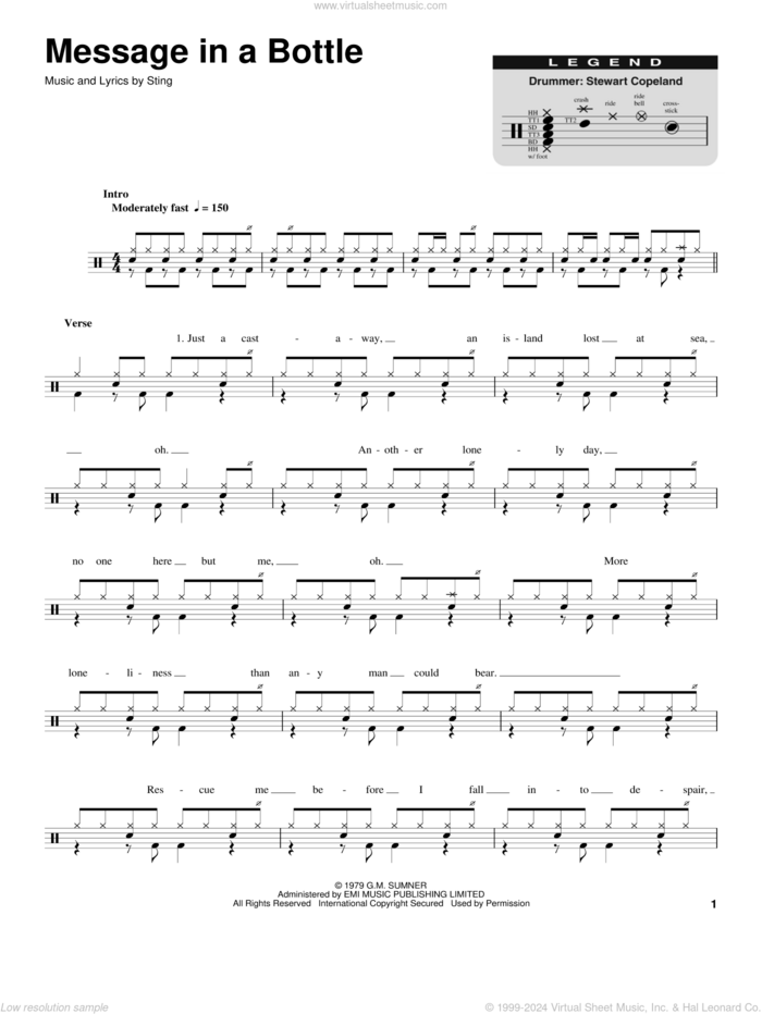 Message In A Bottle sheet music for drums by The Police and Sting, intermediate skill level