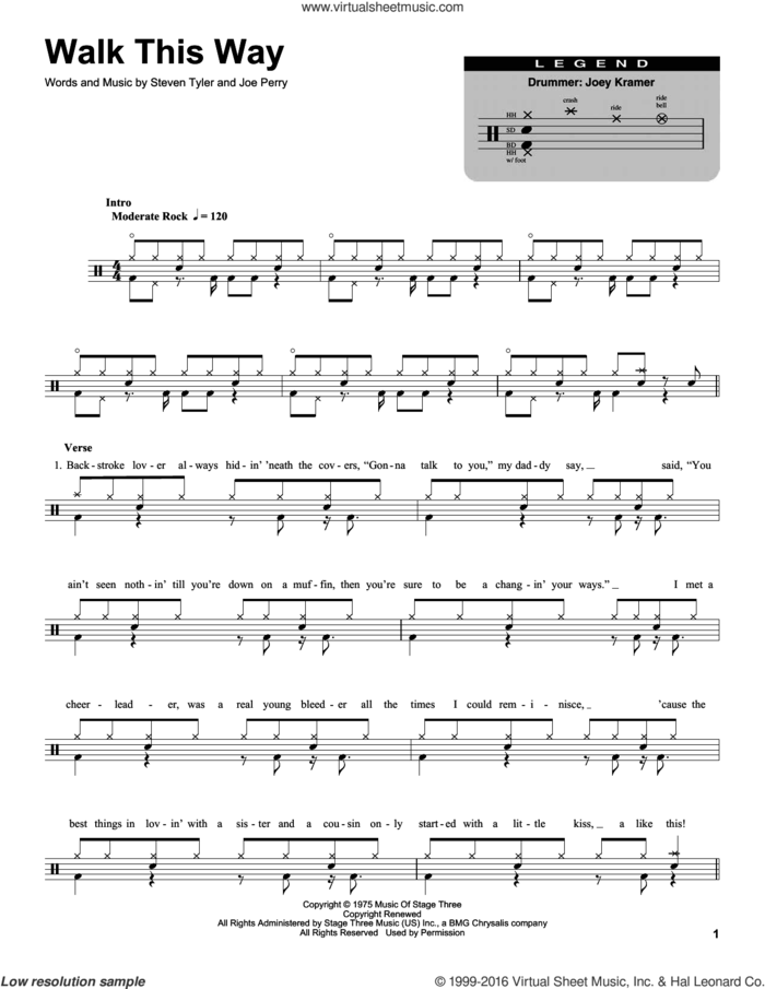 Walk This Way sheet music for drums by Aerosmith, Run D.M.C., Joe Perry and Steven Tyler, intermediate skill level
