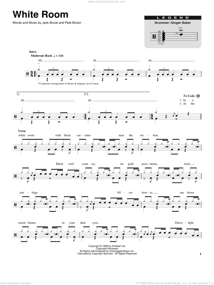 White Room sheet music for drums by Cream, Jack Bruce and Pete Brown, intermediate skill level