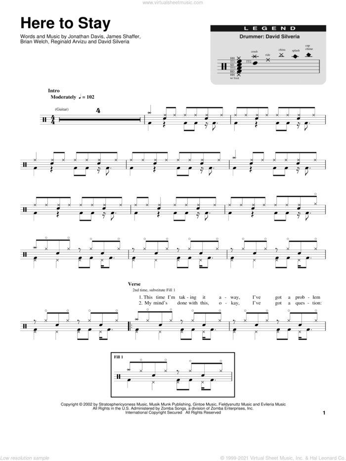 Here To Stay sheet music for drums by Korn, Brian Welch, David Randall Silveria, James Shaffer, Jonathan Davis and Reginald Arvizu, intermediate skill level