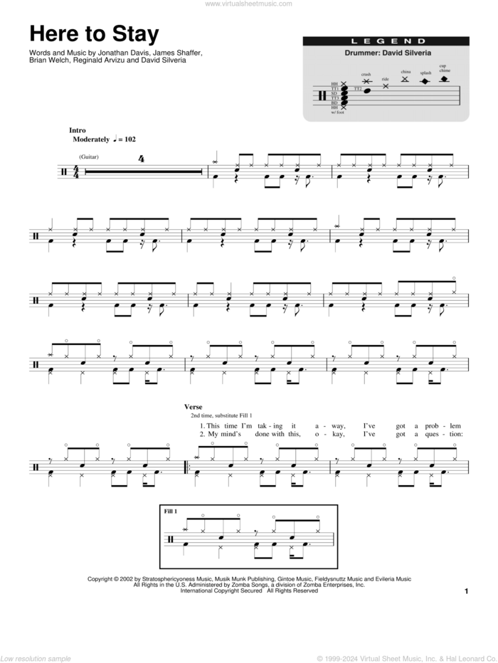 Here To Stay sheet music for drums by Korn, Brian Welch, David Randall Silveria, James Shaffer, Jonathan Davis and Reginald Arvizu, intermediate skill level