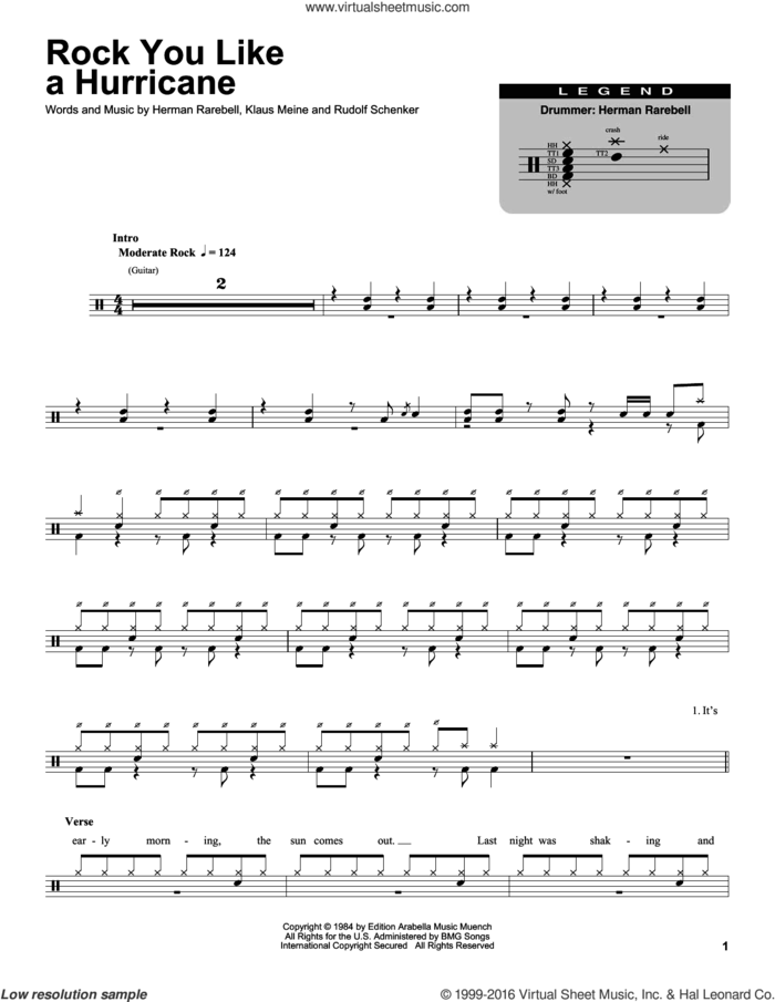 Rock You Like A Hurricane sheet music for drums by Scorpions, Herman Rarebell, Klaus Meine and Rudolf Schenker, intermediate skill level