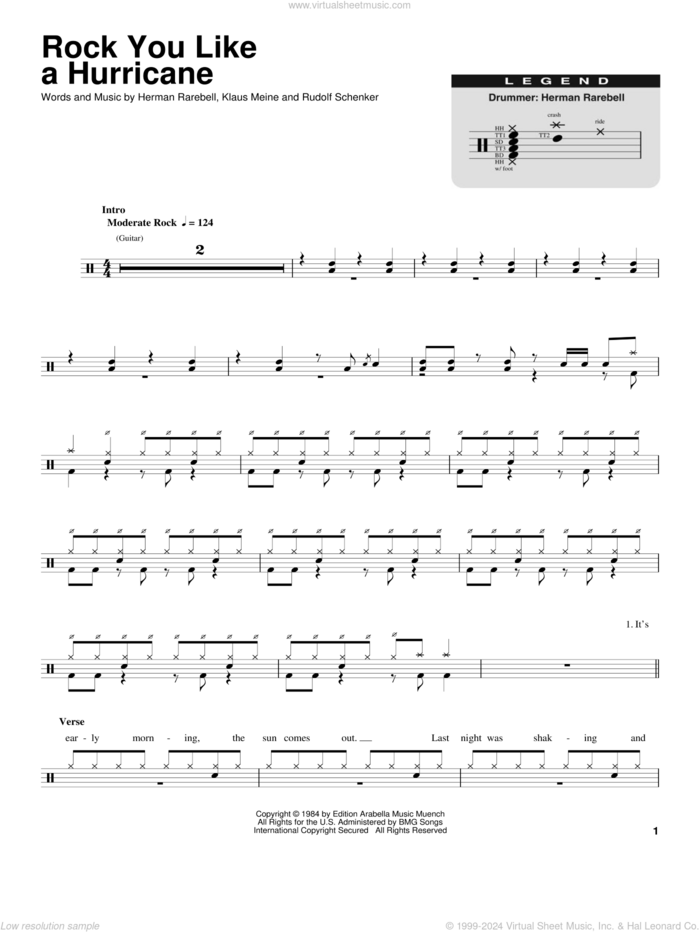 Rock You Like A Hurricane sheet music for drums by Scorpions, Herman Rarebell, Klaus Meine and Rudolf Schenker, intermediate skill level