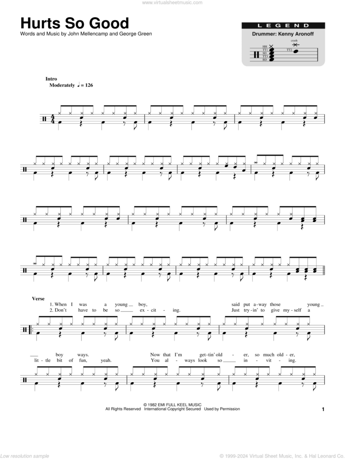 Hurts So Good sheet music for drums by John Mellencamp, John 'Cougar' and George Green, intermediate skill level