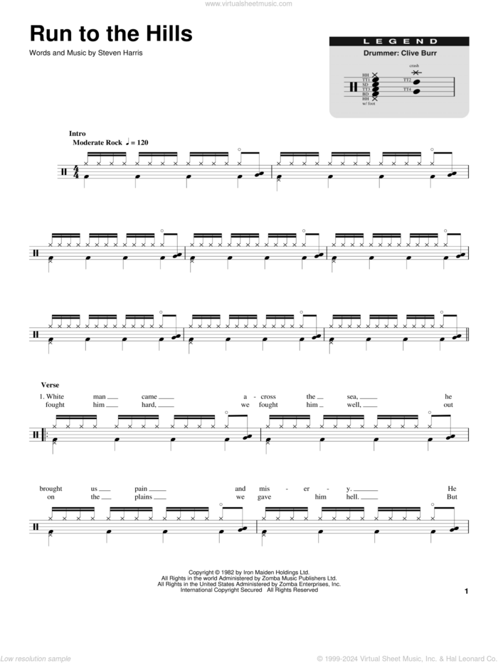 Run To The Hills sheet music for drums by Iron Maiden and Steve Harris, intermediate skill level