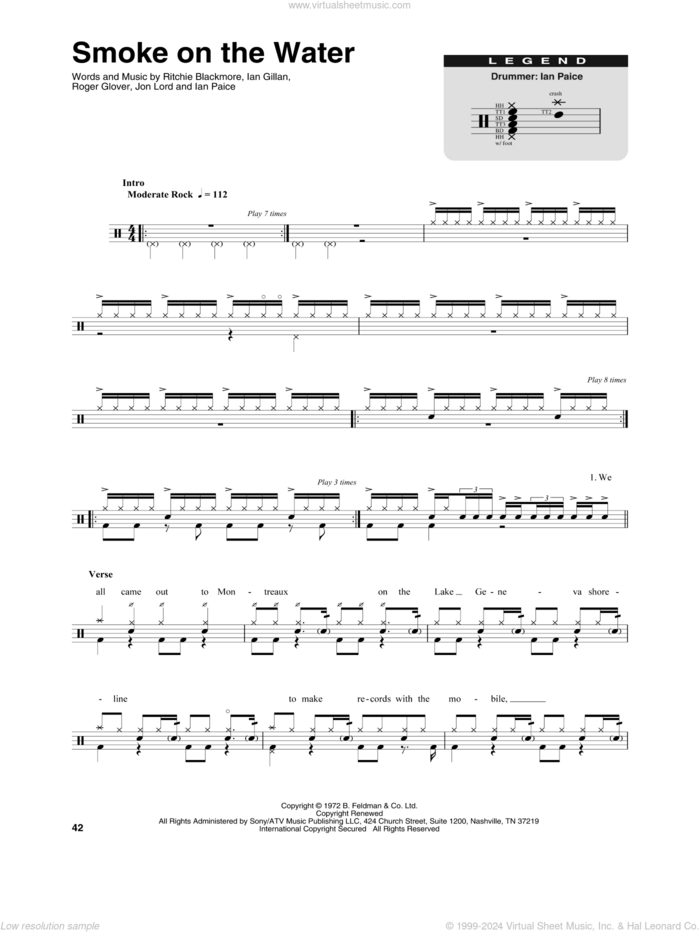 Smoke On The Water sheet music for drums by Deep Purple, Ian Gillan, Ian Paice, Jon Lord, Ritchie Blackmore and Roger Glover, intermediate skill level