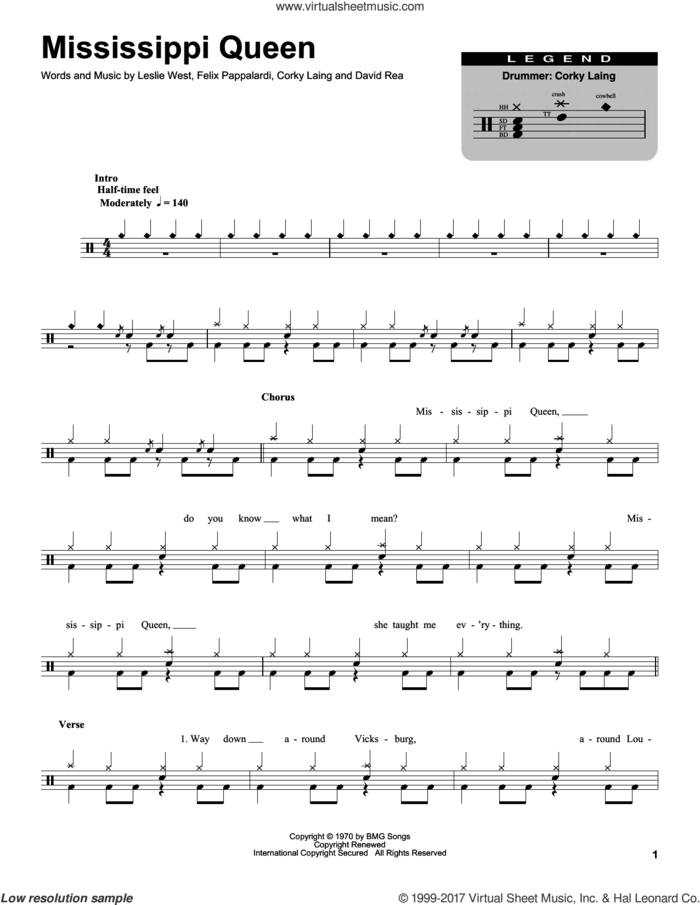 Mississippi Queen sheet music for drums by Mountain, Corky Laing, David Rea, Felix Pappalardi and Leslie West, intermediate skill level