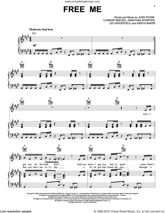 Free Me sheet music for voice, piano or guitar by Joss Stone, Connor Reeves, Jonathan Shorten, Kenya Baker and Leo Nocentelli, intermediate skill level