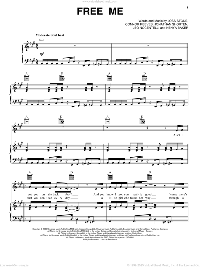 Free Me sheet music for voice, piano or guitar by Joss Stone, Connor Reeves, Jonathan Shorten, Kenya Baker and Leo Nocentelli, intermediate skill level