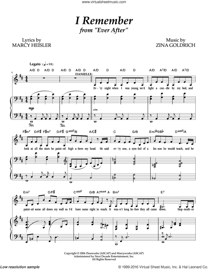 I Remember sheet music for voice and piano by Goldrich & Heisler, Marcy Heisler and Zina Goldrich, intermediate skill level