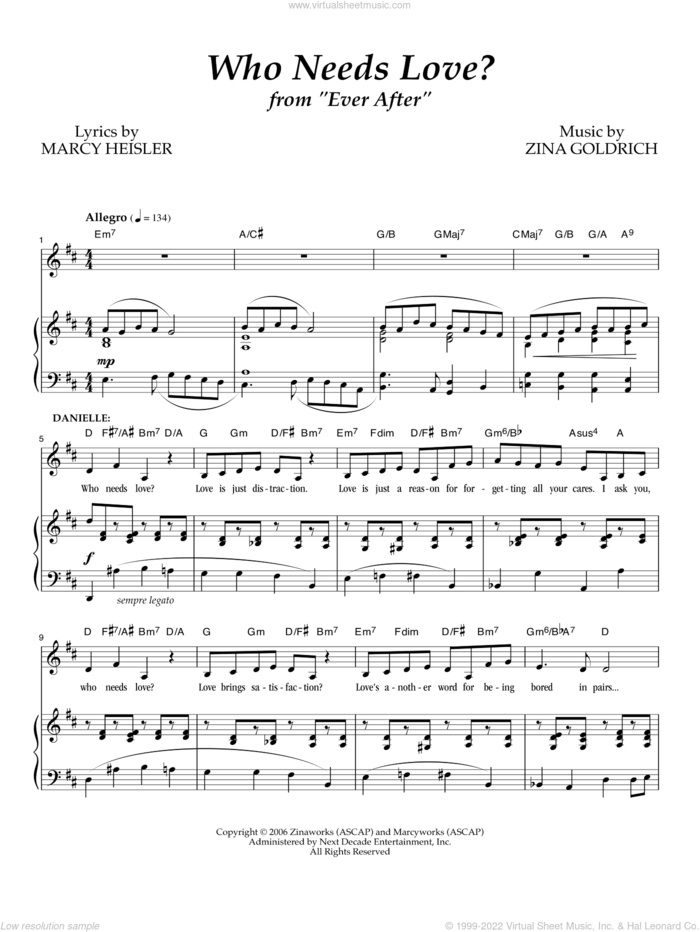 Who Needs Love? sheet music for voice and piano by Goldrich & Heisler, Marcy Heisler and Zina Goldrich, intermediate skill level