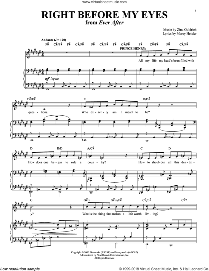 Right Before My Eyes sheet music for voice and piano by Goldrich & Heisler, Marcy Heisler and Zina Goldrich, intermediate skill level