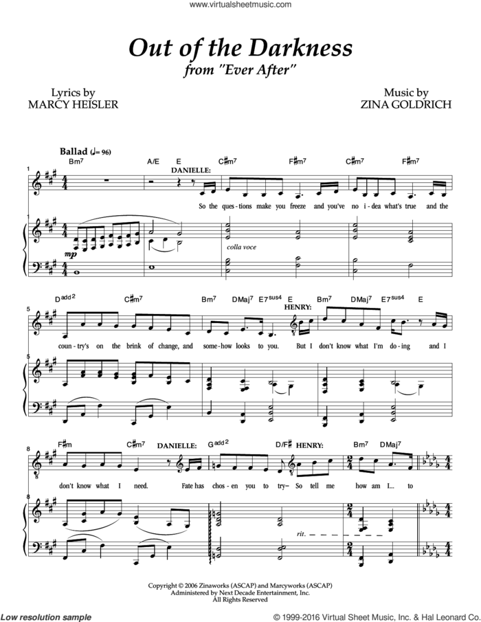 Out Of The Darkness sheet music for voice and piano by Goldrich & Heisler, Marcy Heisler and Zina Goldrich, intermediate skill level