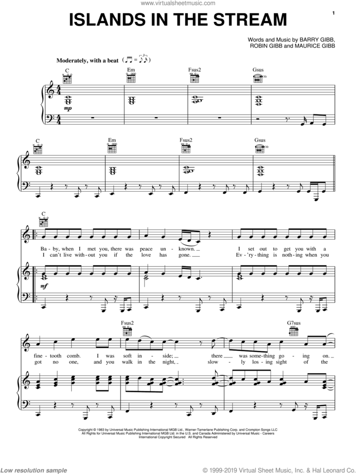 Islands In The Stream sheet music for voice, piano or guitar by Kenny Rogers & Dolly Parton, Bee Gees, Dolly Parton, Kenny Rogers, Kenny Rogers and Dolly Parton, Barry Gibb, Maurice Gibb and Robin Gibb, intermediate skill level