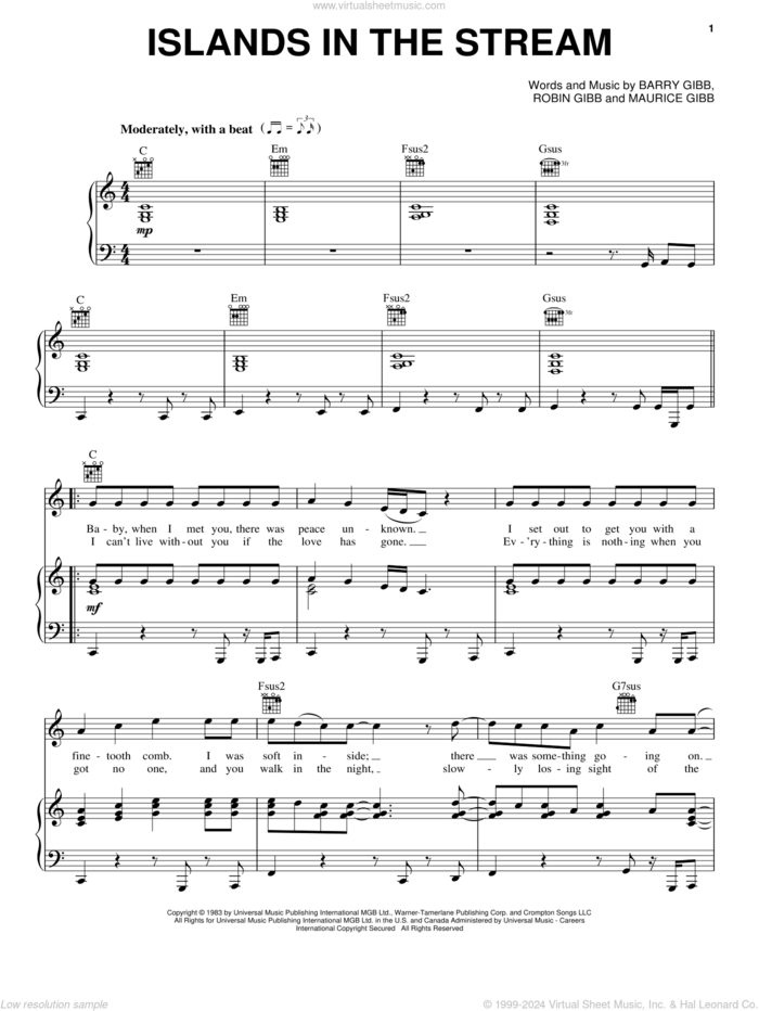 Islands In The Stream sheet music for voice, piano or guitar by Kenny Rogers & Dolly Parton, Bee Gees, Dolly Parton, Kenny Rogers, Kenny Rogers and Dolly Parton, Barry Gibb, Maurice Gibb and Robin Gibb, intermediate skill level