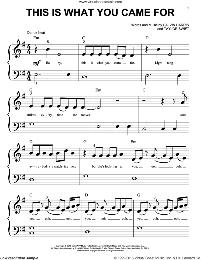 This Is What You Came For sheet music for piano solo (big note book) by Calvin Harris feat. Rihanna, Calvin Harris and Talor Swift, easy piano (big note book)