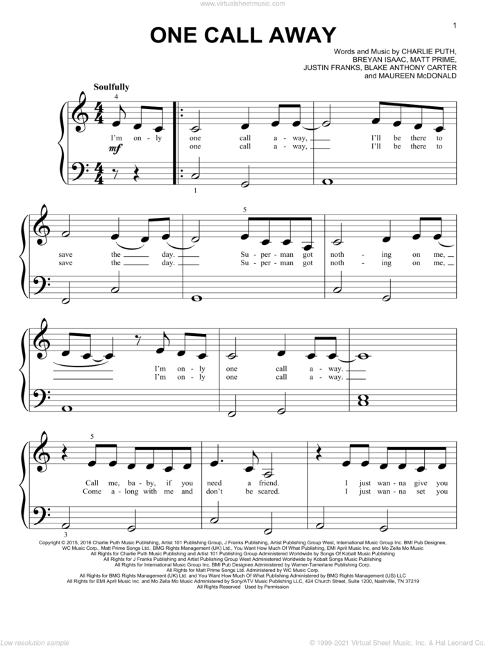 One Call Away sheet music for piano solo (big note book) by Charlie Puth, Blake Anthony Carter, Breyan Isaac, Justin Franks, Matt Prime and Maureen Mcdonald, easy piano (big note book)