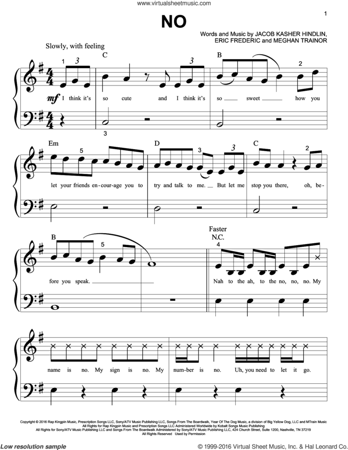 No sheet music for piano solo (big note book) by Meghan Trainor, Eric Frederic and Jacob Kasher Hindlin, easy piano (big note book)
