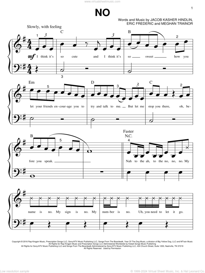 No sheet music for piano solo (big note book) by Meghan Trainor, Eric Frederic and Jacob Kasher Hindlin, easy piano (big note book)