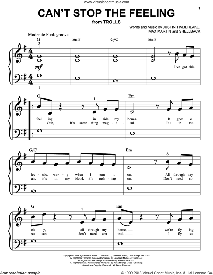 Can't Stop The Feeling sheet music for piano solo (big note book) by Justin Timberlake, Johan Schuster, Max Martin and Shellback, easy piano (big note book)