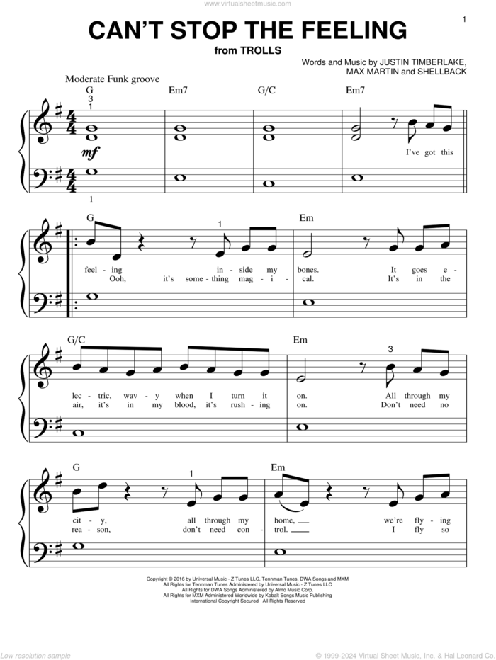 Can't Stop The Feeling sheet music for piano solo (big note book) by Justin Timberlake, Johan Schuster, Max Martin and Shellback, easy piano (big note book)