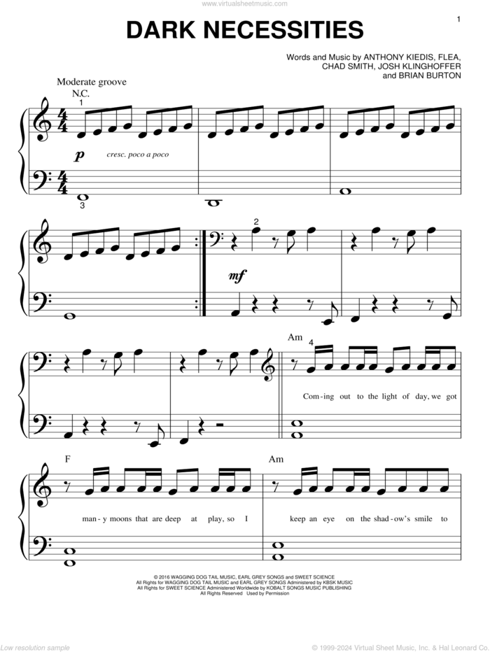 Dark Necessities sheet music for piano solo (big note book) by Red Hot Chili Peppers, Anthony Kiedis, Brian Burton, Chad Smith, Flea and Josh Klinghoffer, easy piano (big note book)