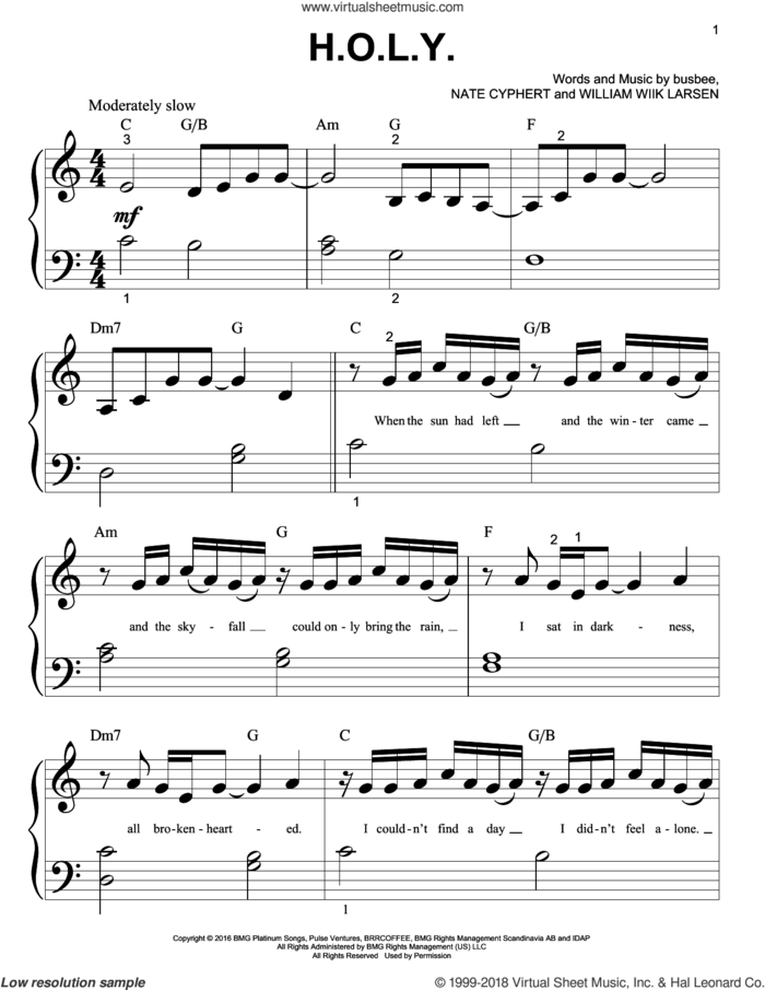 H.O.L.Y. sheet music for piano solo (big note book) by Florida Georgia Line, busbee, Nate Cyphert and William Wiik Larsen, easy piano (big note book)