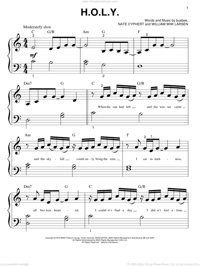 H.O.L.Y. sheet music for piano solo (big note book) by Florida Georgia Line, busbee, Nate Cyphert and William Wiik Larsen, easy piano (big note book)