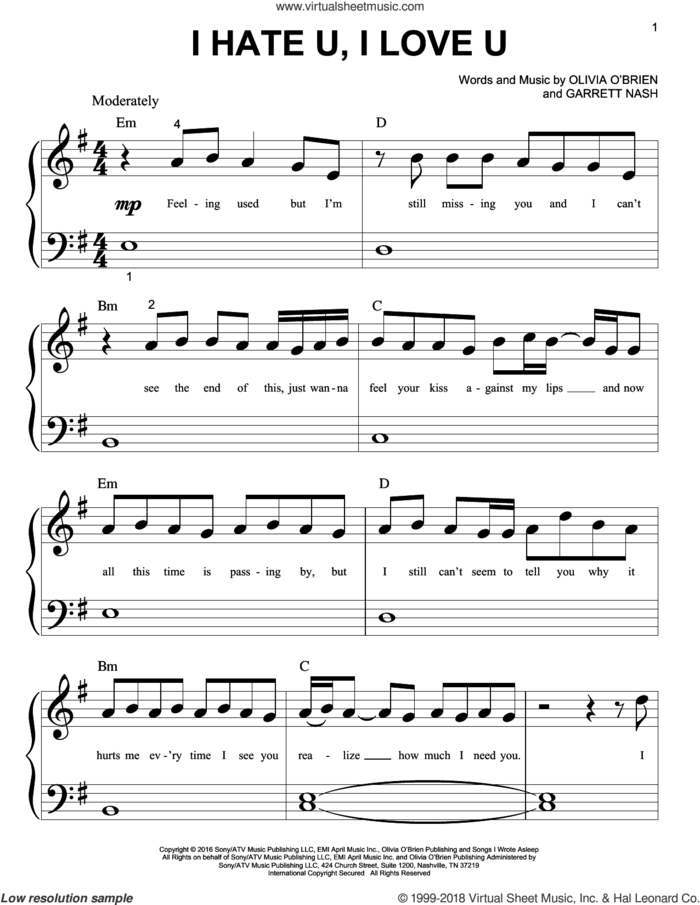 I Hate U, I Love U sheet music for piano solo (big note book) by Gnash and Garrett Nash, easy piano (big note book)