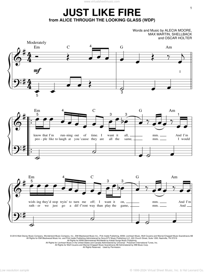 Just Like Fire sheet music for piano solo (big note book) by Max Martin, Miscellaneous, P!nk, Alecia Moore, Johan Schuster, Oscar Holter and Shellback, easy piano (big note book)