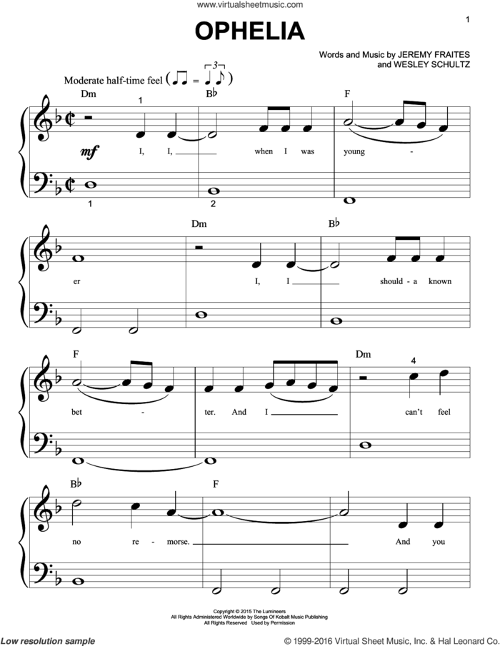Ophelia sheet music for piano solo (big note book) by The Lumineers, Jeremy Fraites and Wesley Schultz, easy piano (big note book)
