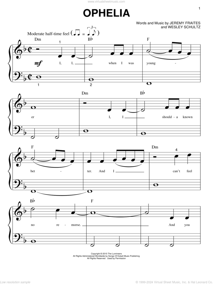 Ophelia sheet music for piano solo (big note book) by The Lumineers, Jeremy Fraites and Wesley Schultz, easy piano (big note book)