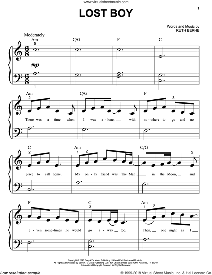 Lost Boy sheet music for piano solo (big note book) by Ruth B and Ruth Berhe, easy piano (big note book)
