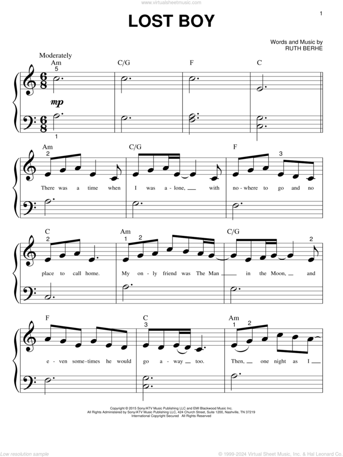 Lost Boy sheet music for piano solo (big note book) by Ruth B and Ruth Berhe, easy piano (big note book)