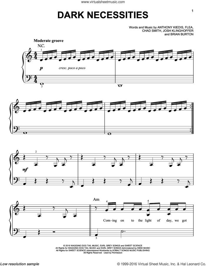 Dark Necessities sheet music for piano solo by Red Hot Chili Peppers, Anthony Kiedis, Brian Burton, Chad Smith, Flea and Josh Klinghoffer, easy skill level