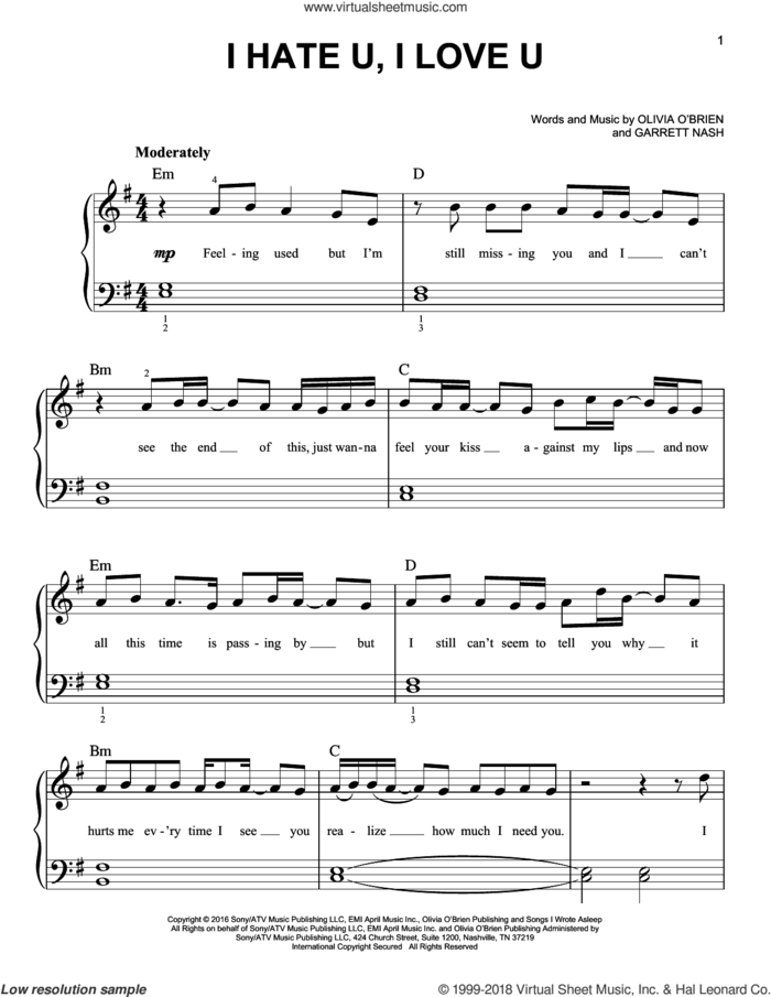 I Hate U, I Love U sheet music for piano solo by Gnash and Garrett Nash, easy skill level