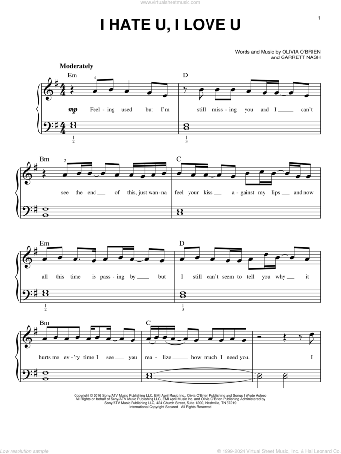 I Hate U, I Love U sheet music for piano solo by Gnash and Garrett Nash, easy skill level