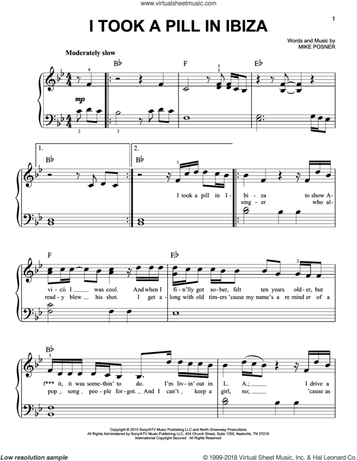 I Took A Pill In Ibiza sheet music for piano solo by Mike Posner, easy skill level