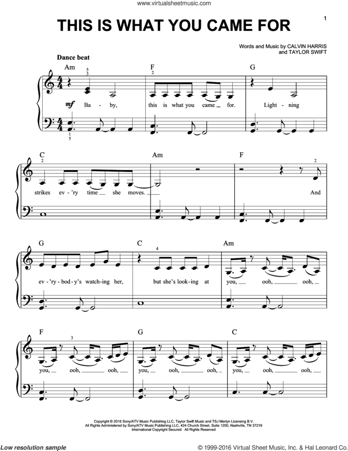 This Is What You Came For sheet music for piano solo by Calvin Harris feat. Rihanna, Calvin Harris and Talor Swift, easy skill level