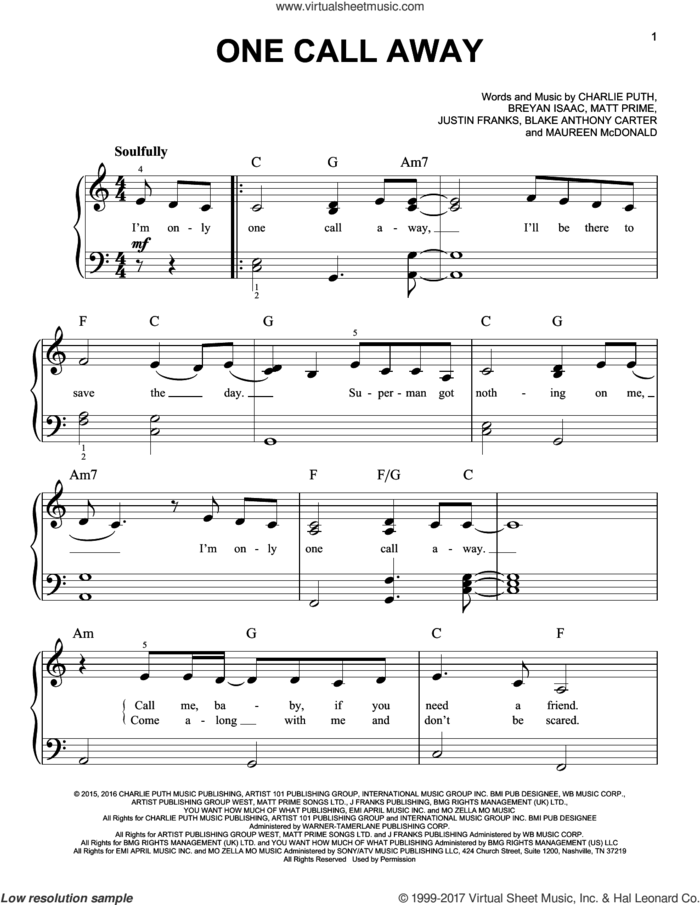 One Call Away, (easy) sheet music for piano solo by Charlie Puth, Blake Anthony Carter, Breyan Isaac, Justin Franks, Matt Prime and Maureen McDonald, easy skill level