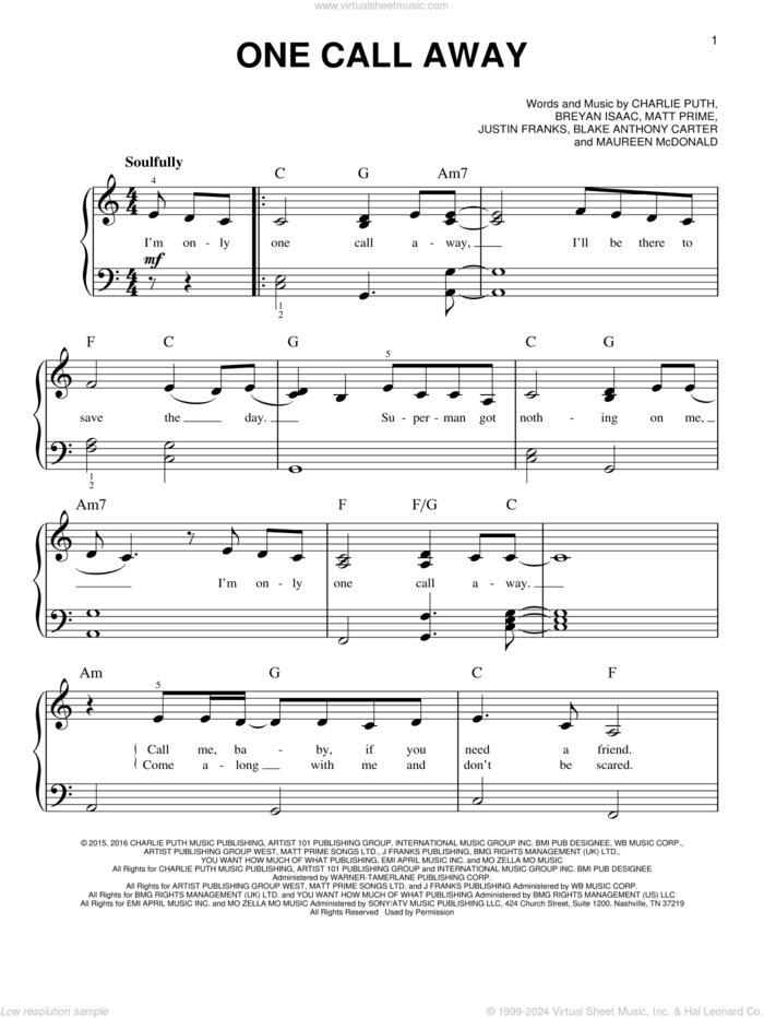 One Call Away, (easy) sheet music for piano solo by Charlie Puth, Blake Anthony Carter, Breyan Isaac, Justin Franks, Matt Prime and Maureen McDonald, easy skill level